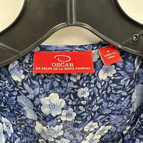 Y2K Oscar De La Renta Blue Floral Ruffle Short Flutter Sleeve Blouse Size 8 - Picture 10 of 14